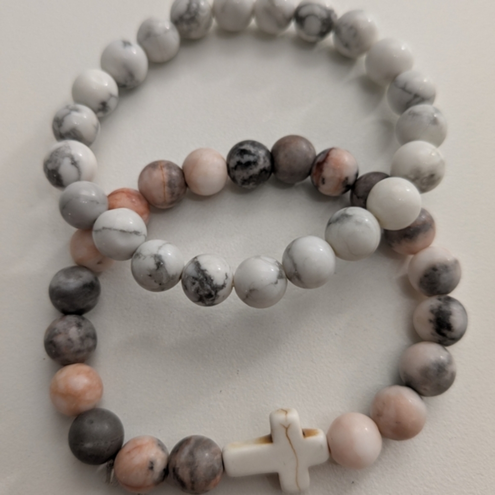 Genuine Stone Beaded Bracelet Set Stretch 8MM Beads Howlite And Soapstone Cross